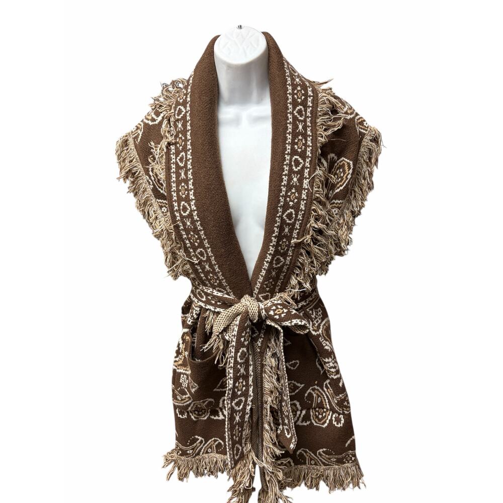 Orlinn Paris Brown Paisley Knit Fringe Belted Boho Western Vest NWT M - Picture 2 of 9